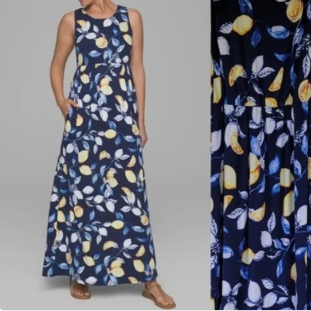 Soma High-Neck Sleeveless Navy & Yellow Lemons Print Maxi Dress L EUC